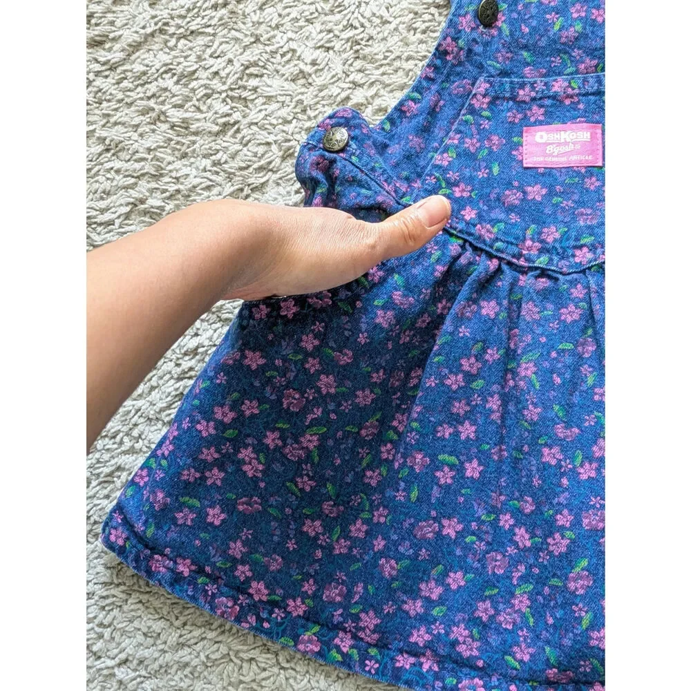 Vintage OshKosh B'gosh Overall Dress Girl 2T Denim Dark Floral Retro 90S Cotton